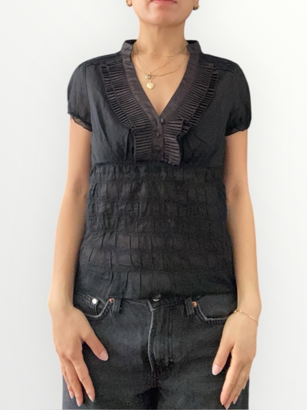Vintage Seductions Black Ruffle-Trim Short Sleeve Top Size S